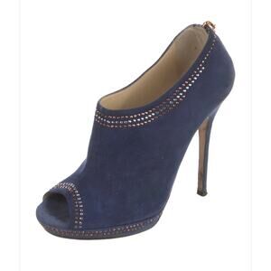 Jimmy Choo Blue Suede Silver Bronze Studded Peep Toe Booties Size EU 40